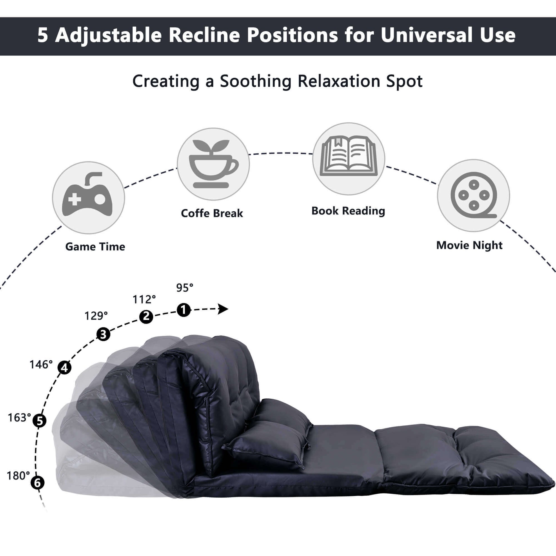 Convertible Floor Sofa Chair / Folding Upholstered Couch Bed / Adjustable Futon Sleeper Sofa with Two Pillows, Black