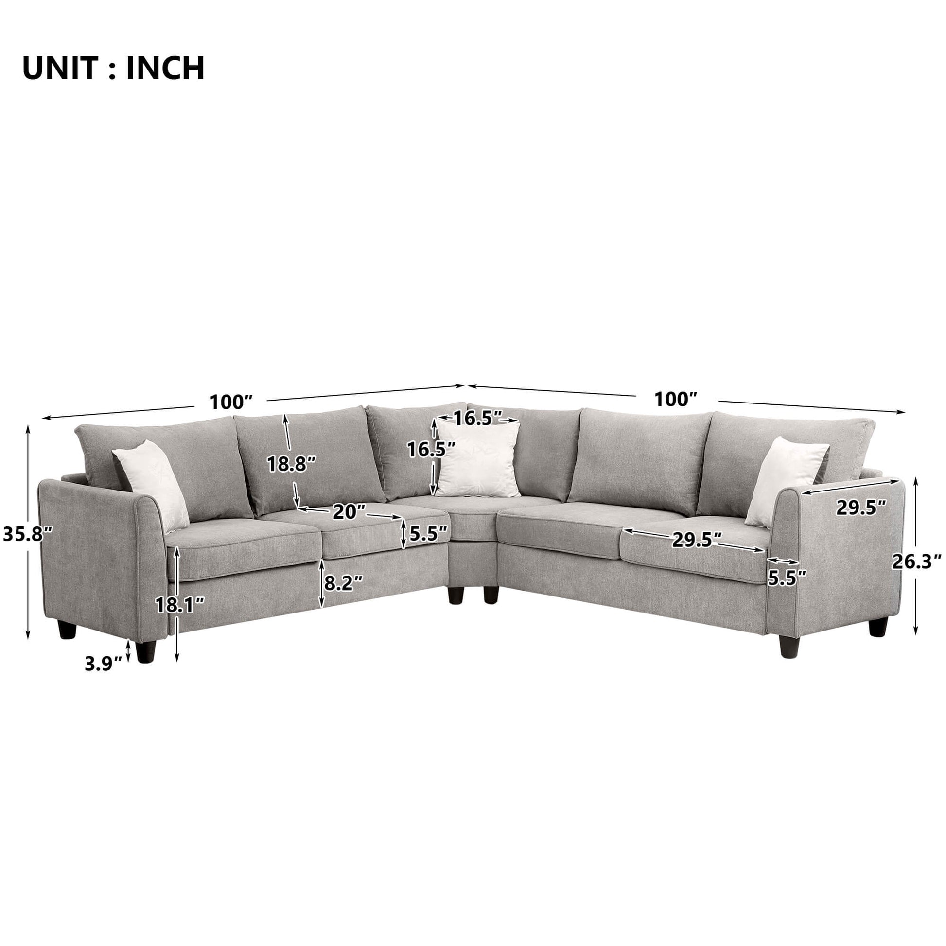 Sectional Sofa Furniture, Fabric L Shape Couch Living Room with 3 Pillows, Gray