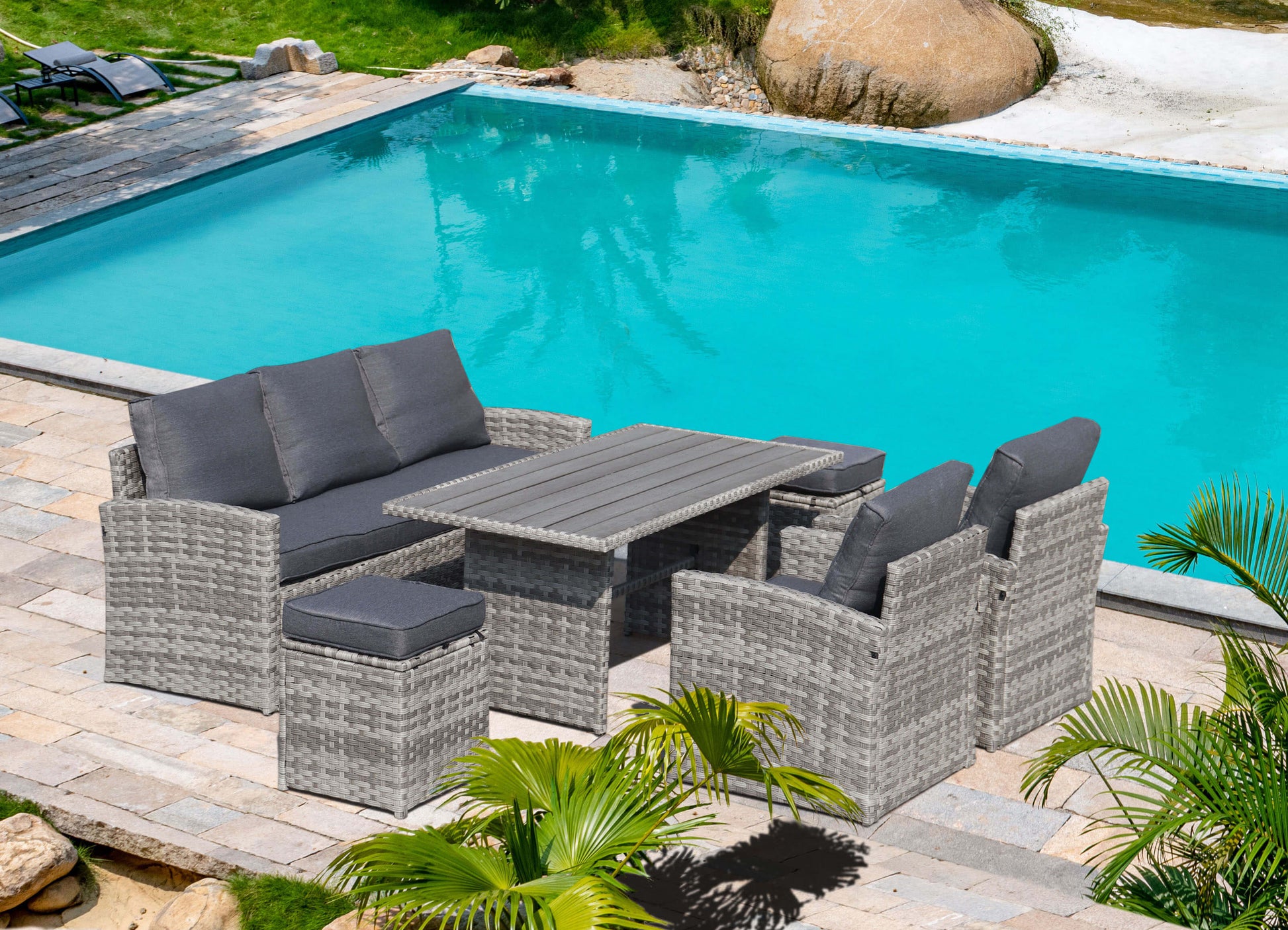 Patio Furniture Sets/Outdoor PE Rattan Sofa Set/Patio Garden Wicker Conversation Sofa/Wicker Rattan Couch with Ottoman, Gray