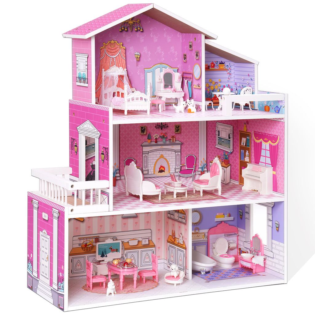 Wooden Dollhouse for Kids/ Dollhouse House Toy with 24pcs Furniture Preschool Playset for Girls Toddlers Gift