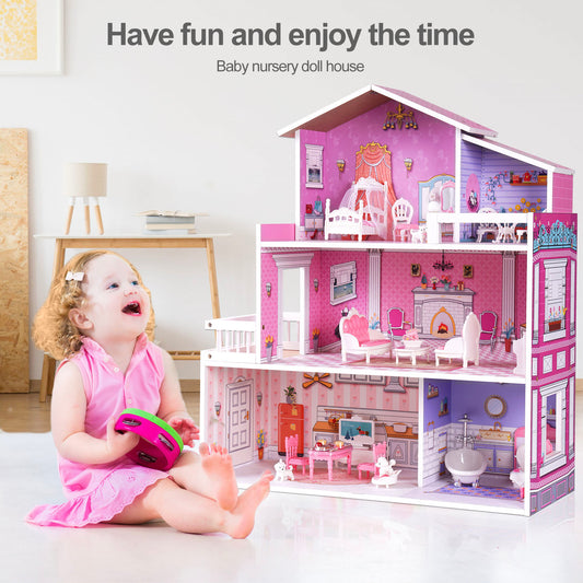 Wooden Dollhouse for Kids/ Dollhouse House Toy with 24pcs Furniture Preschool Playset for Girls Toddlers Gift