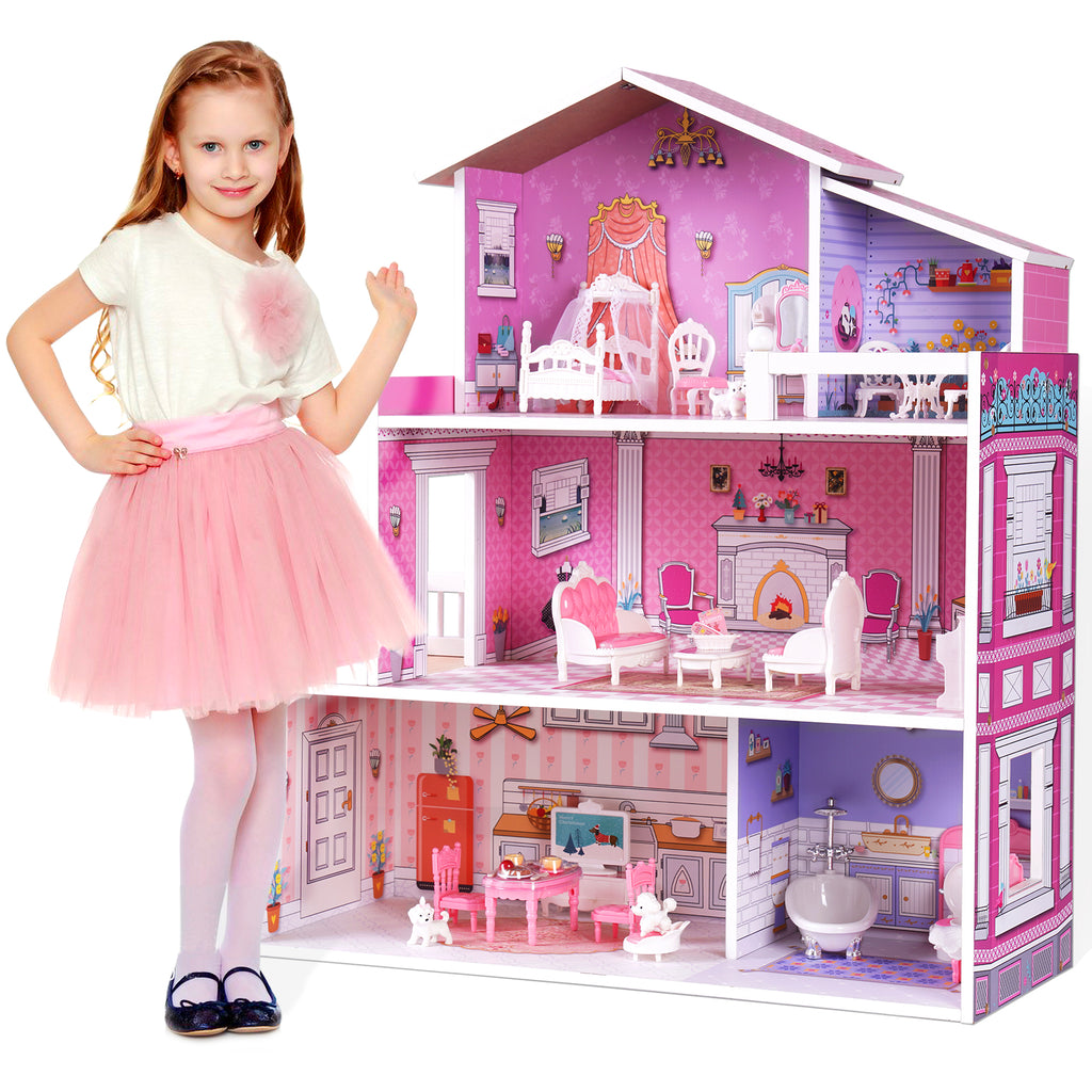 Wooden Dollhouse for Kids/ Dollhouse House Toy with 24pcs Furniture Preschool Playset for Girls Toddlers Gift