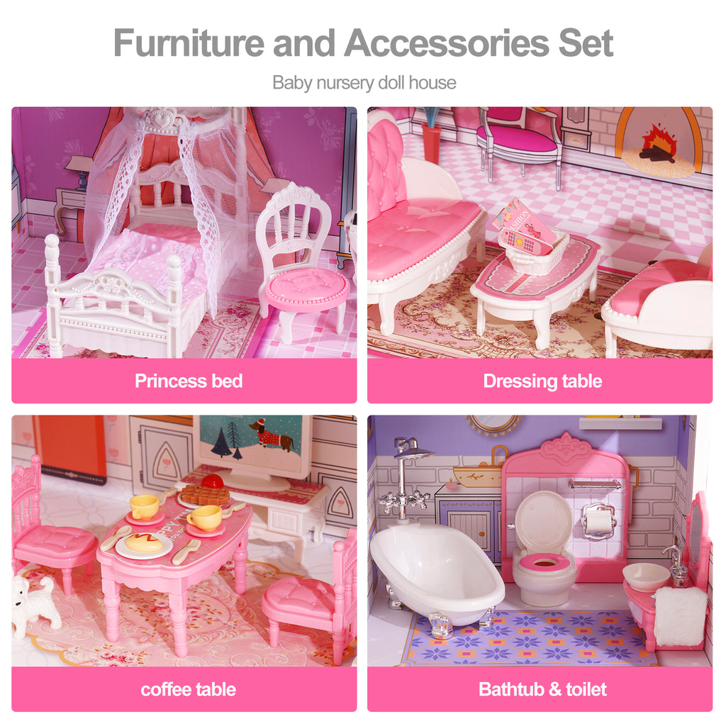 Wooden Dollhouse for Kids/ Dollhouse House Toy with 24pcs Furniture Preschool Playset for Girls Toddlers Gift