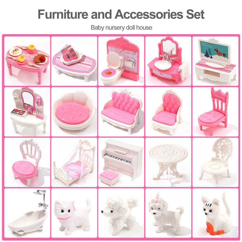 Wooden Dollhouse for Kids/ Dollhouse House Toy with 24pcs Furniture Preschool Playset for Girls Toddlers Gift