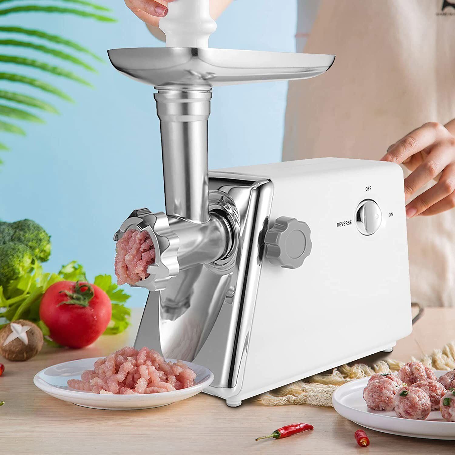 Electric Meat Grinder/Heavy Duty Meat Mincer/Food Grinder with Sausage & Kubbe Kit 3 Grinder Plates Suitable for Home Kitchen, White
