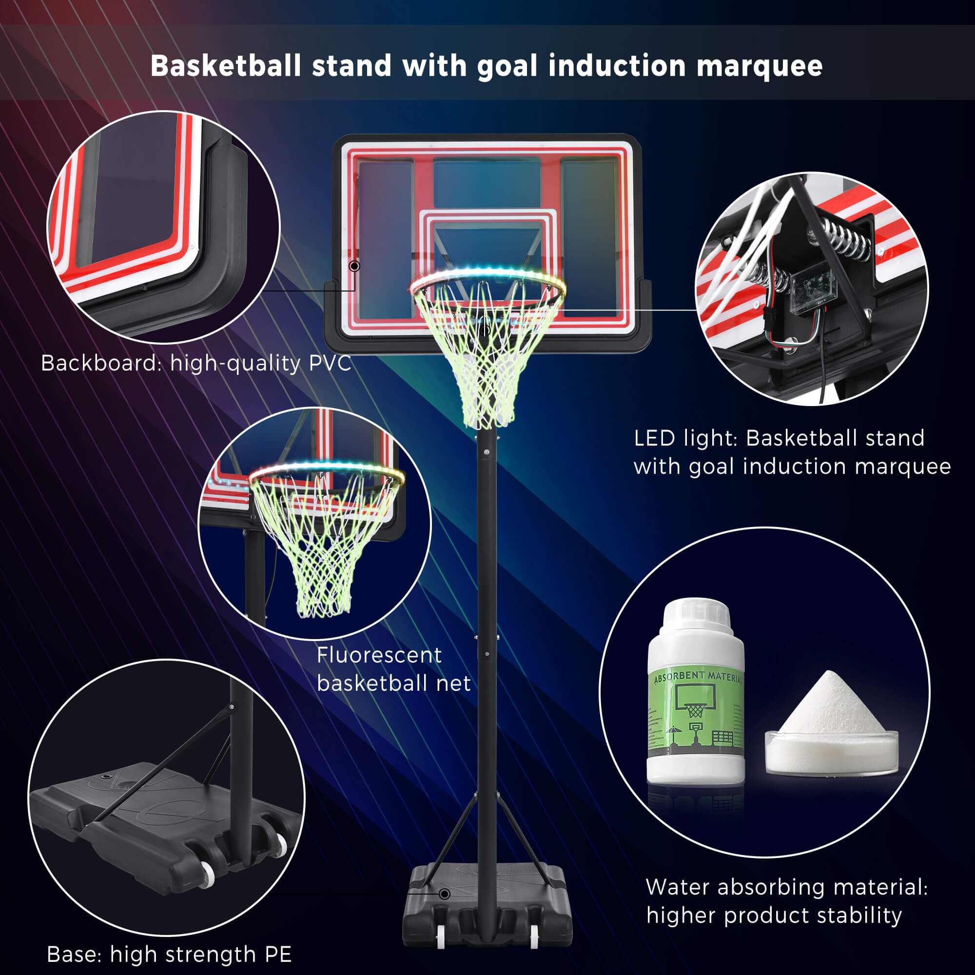 Portable Basketball Hoop Height Adjustment for Teens Adults LED Basketball Hoop Lights