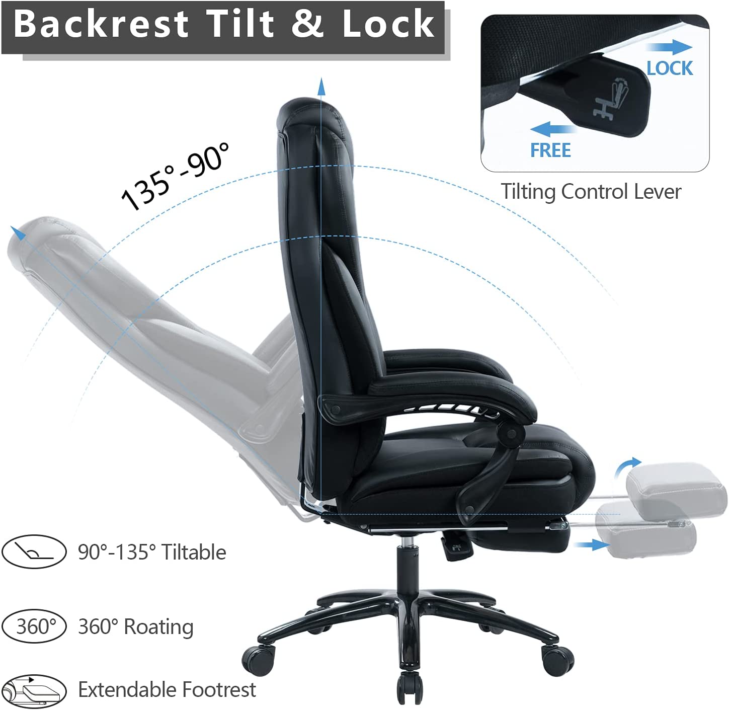 Arttoreal High Back Adjustable Executive Office Chair/Executive Recliner Chair, Black