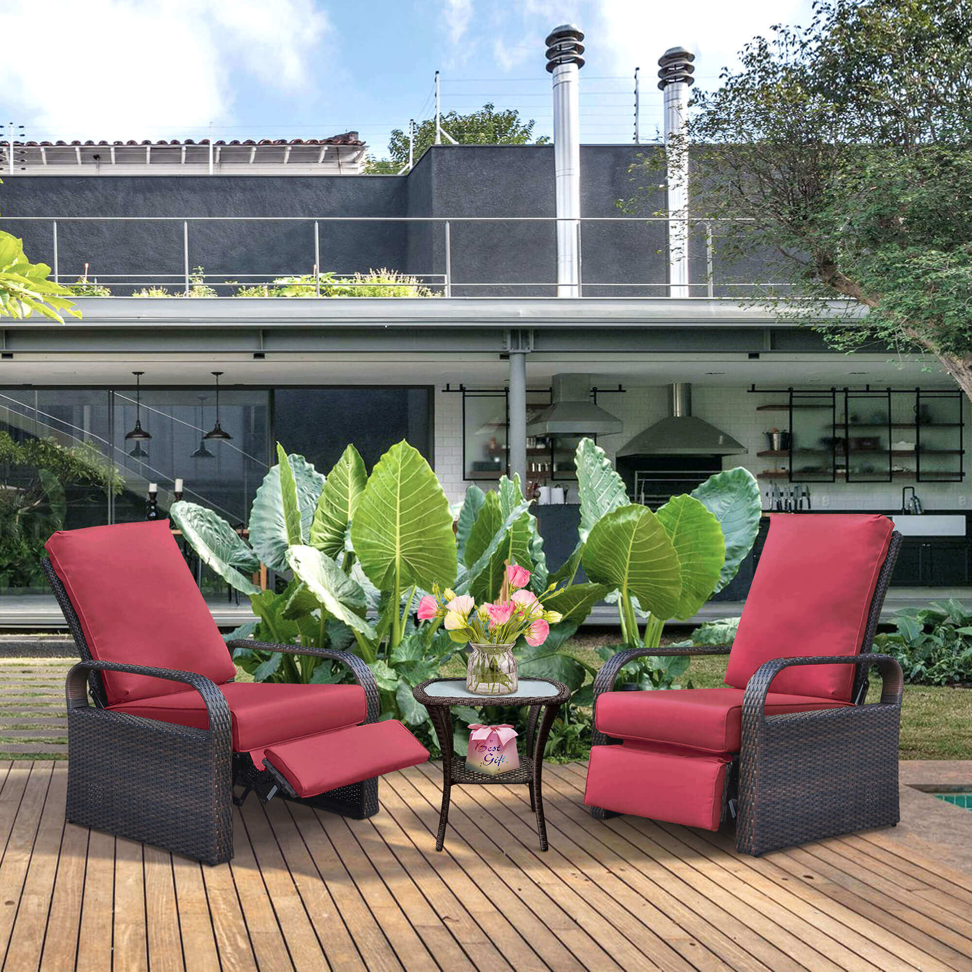 Arttoreal Outdoor Furniture Wicker Recliner Set/ Patio Recliner Chair Set/ Rattan Recliner and Tempered Glass Top Side Coffee Table (3 pcs)