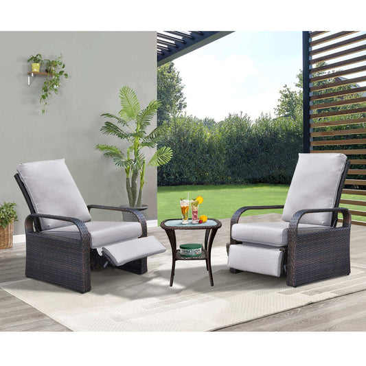 Arttoreal Outdoor Furniture Wicker Recliner Set/ Patio Recliner Chair Set/ Rattan Recliner and Tempered Glass Top Side Coffee Table (3 pcs)