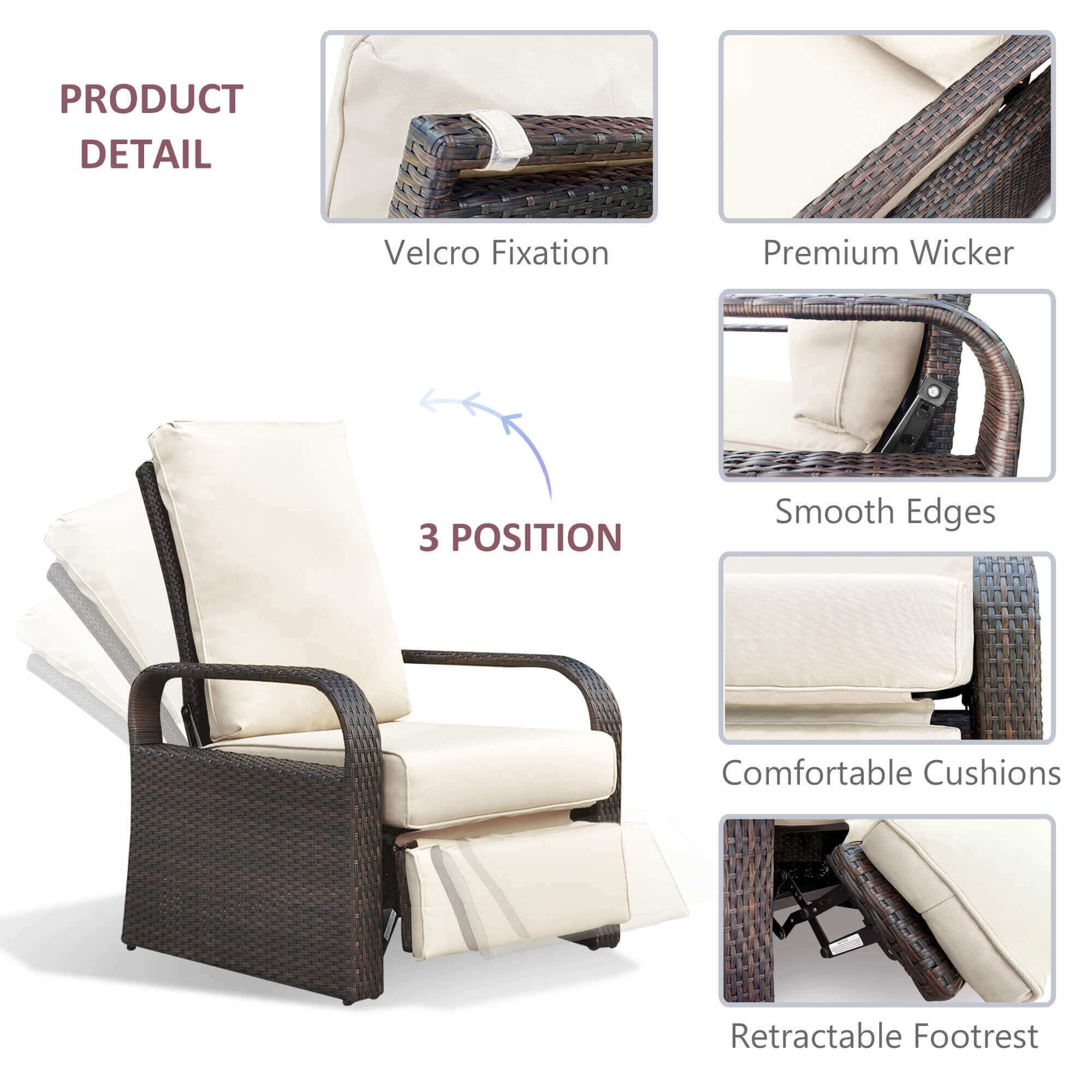 Arttoreal Outdoor Patio Furniture Adjustable Wicker Recliner / Recliner Chair with Aluminum Frame and Soft Waterproof Cushions