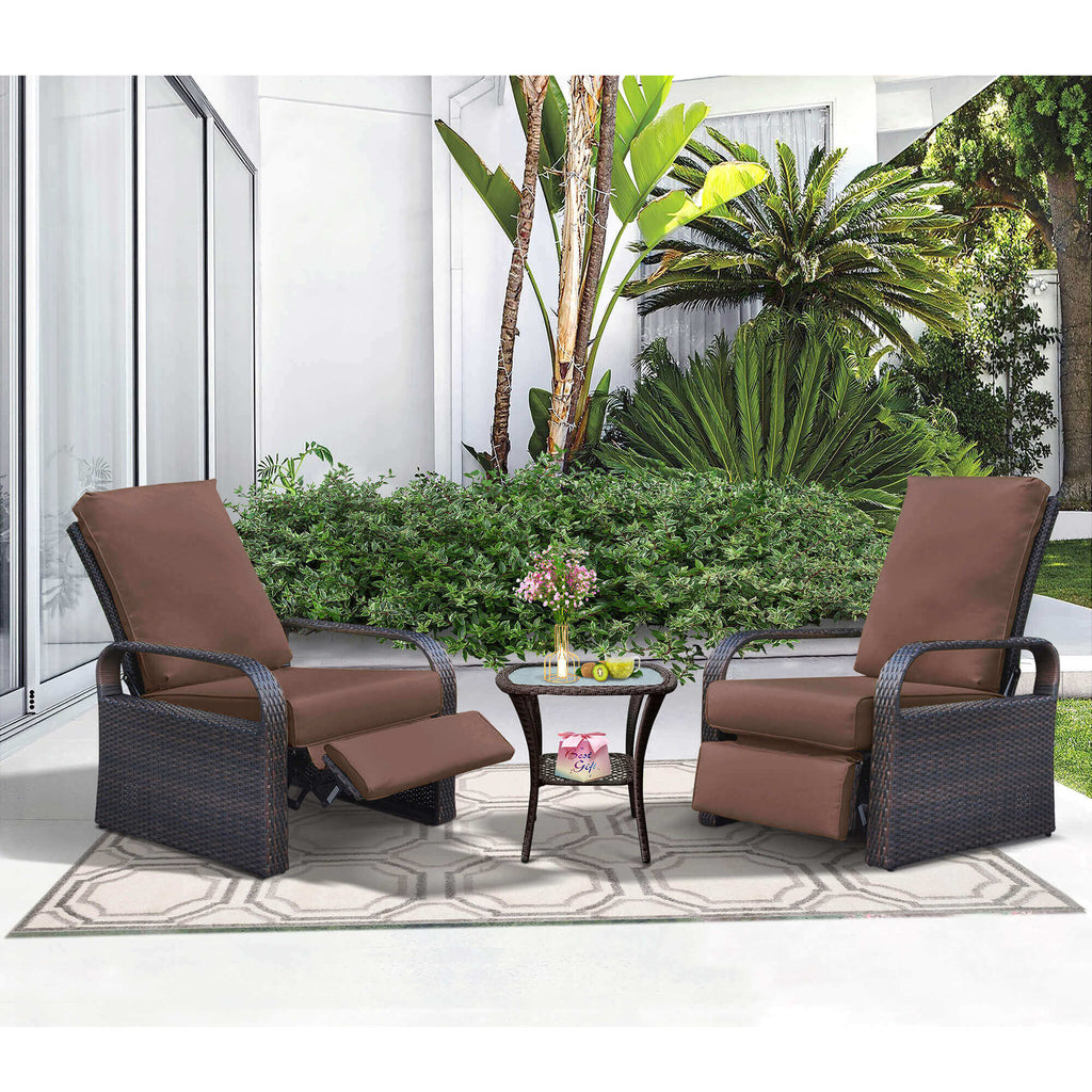 Arttoreal Outdoor Furniture Wicker Recliner Set/ Patio Recliner Chair Set/ Rattan Recliner and Tempered Glass Top Side Coffee Table (3 pcs)