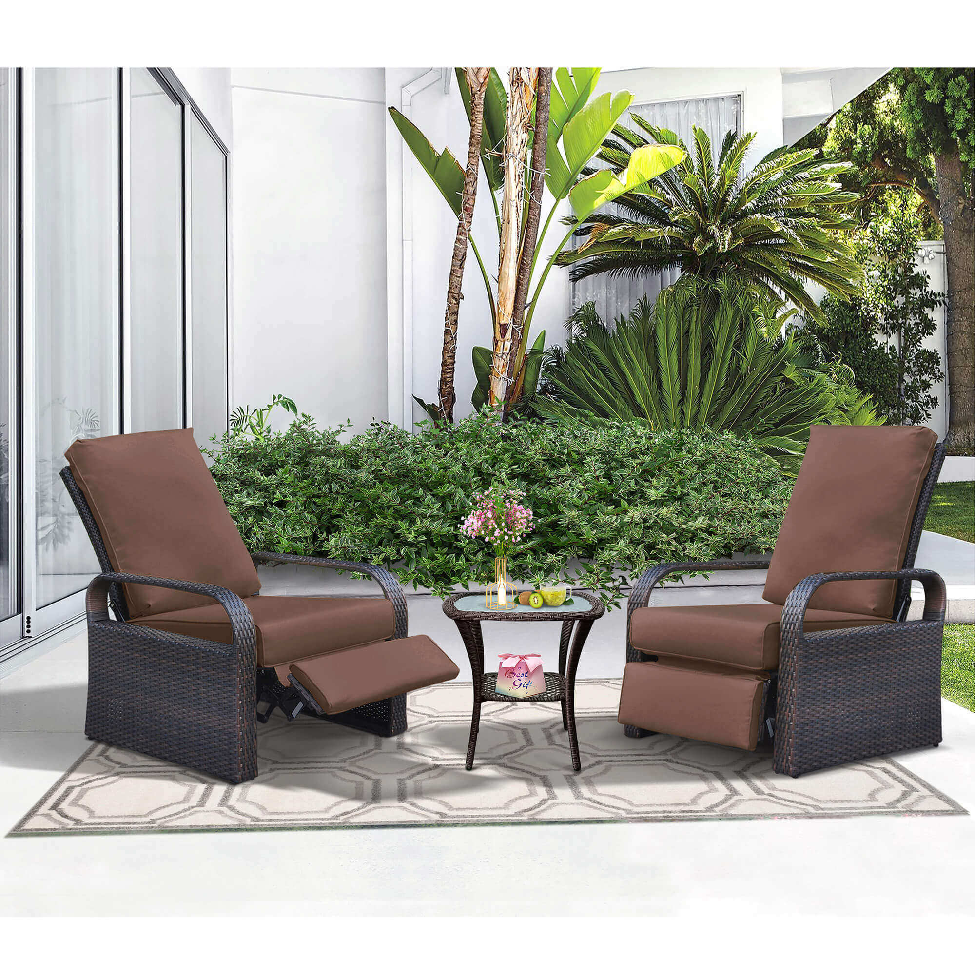 Arttoreal Outdoor Furniture Wicker Recliner Set/ Patio Recliner Chair Set/ Rattan Recliner and Tempered Glass Top Side Coffee Table (3 pcs)