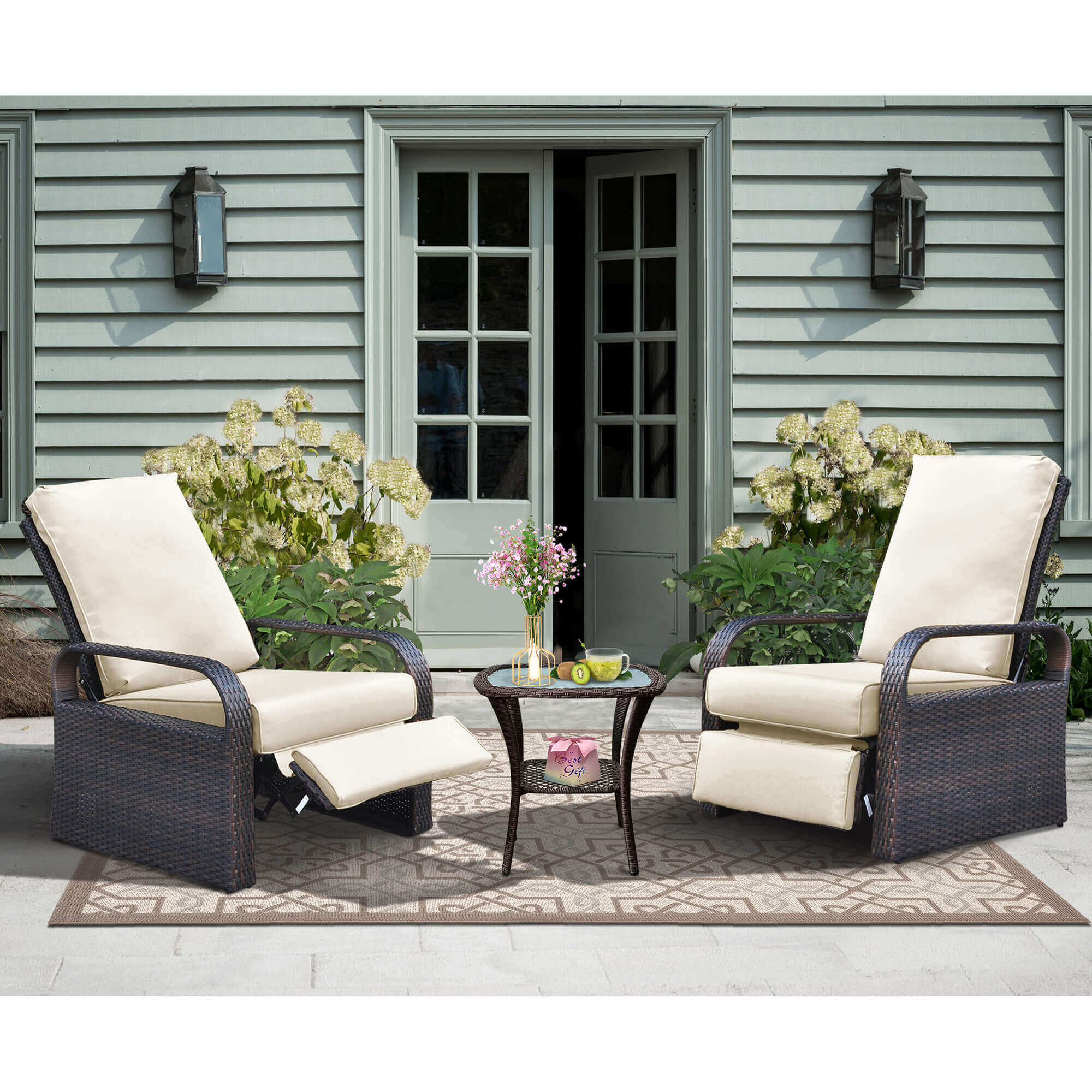 Arttoreal Outdoor Furniture Wicker Recliner Set/ Patio Recliner Chair Set/ Rattan Recliner and Tempered Glass Top Side Coffee Table (3 pcs)