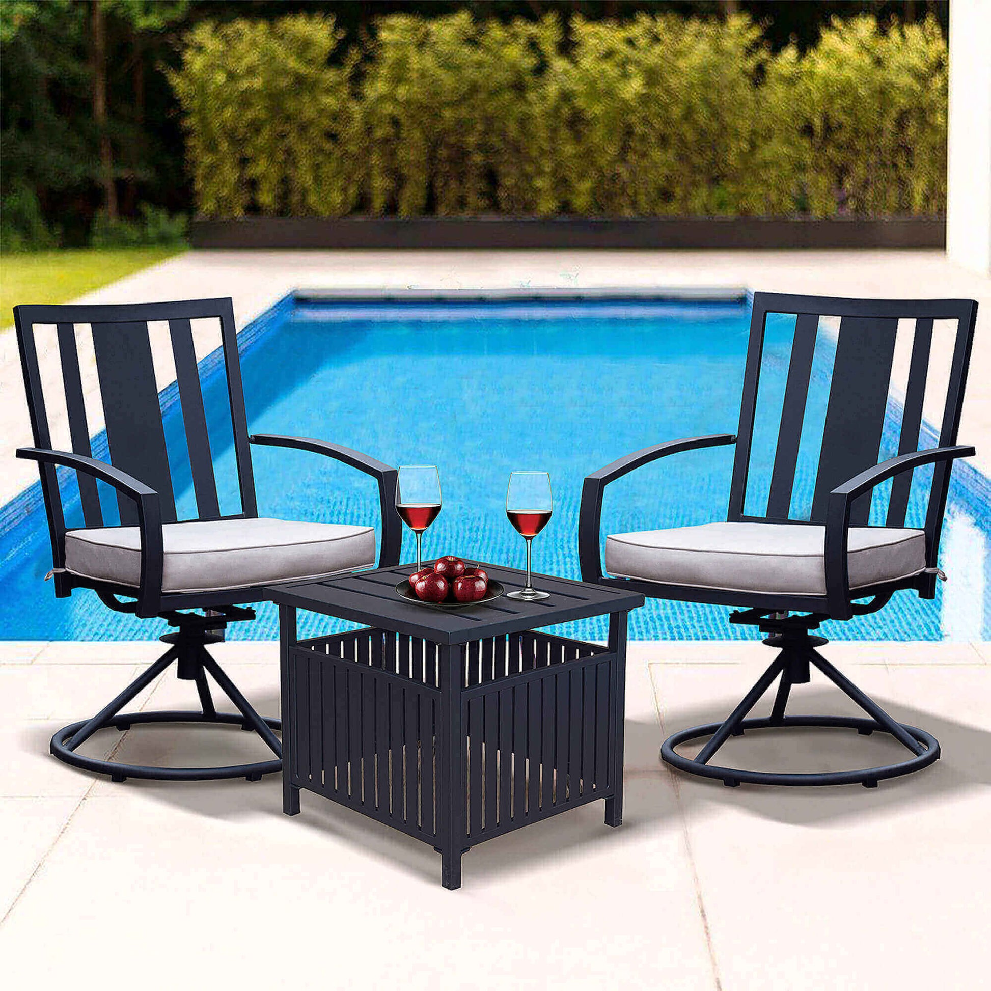 3Pcs Outdoor Patio Swivel Rocker Chairs /Patio 360-Degree Swivel Metal Frame Dining Chairs Set of 3 with Coffee Table