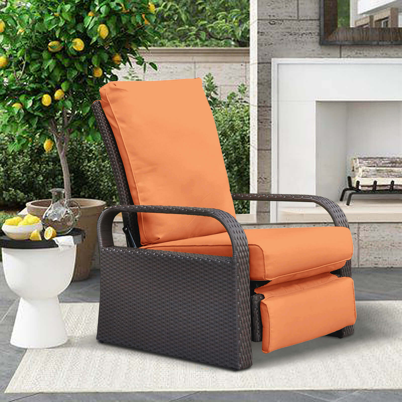 Arttoreal Outdoor Wicker Recliner / Rattan Sofa Recliner / Aluminum Frame Recliner Chair / Patio Furniture Single Armchair with Cushion
