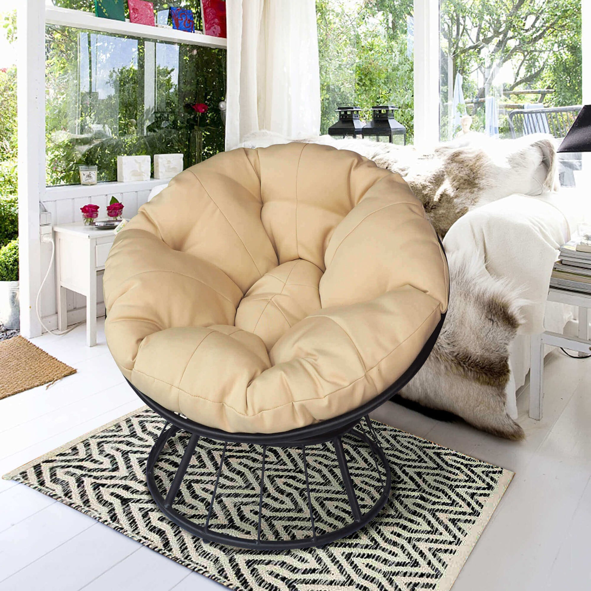 Arttoreal Swivel Papasan Chair Thickness Cushions / Indoor Outdoor Furniture Chair Deep Seating Moon Chair Solid Twill Fabric