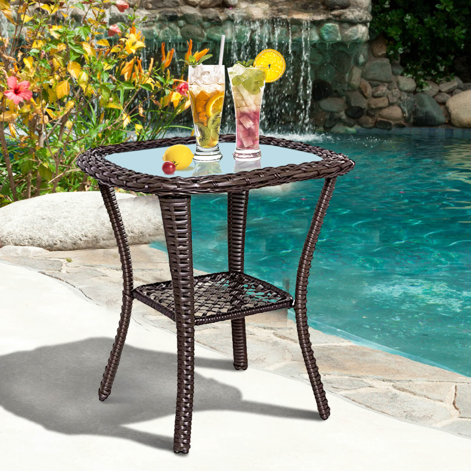 Outdoor Resin Wicker Glass Top Side Coffee Table