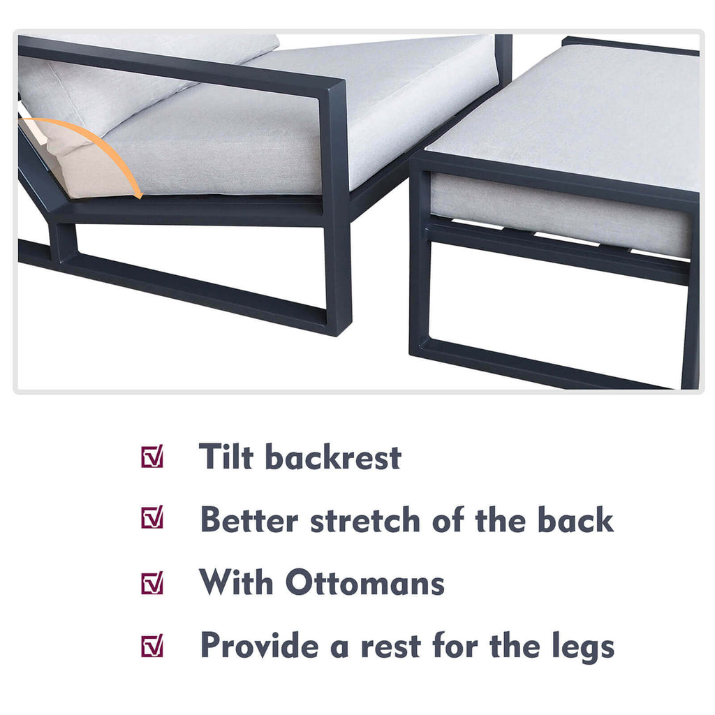 ATR Aluminum Outdoor Lounge Chair With Ottomans / All Weather Outdoor Armchair Set with Cushions(Set of 2 )