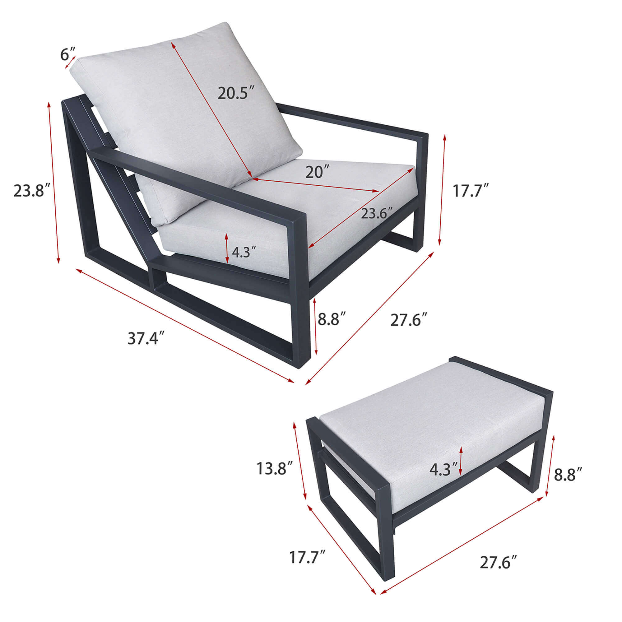ATR Aluminum Outdoor Lounge Chair With Ottomans / All Weather Outdoor Armchair Set with Cushions(Set of 2 )