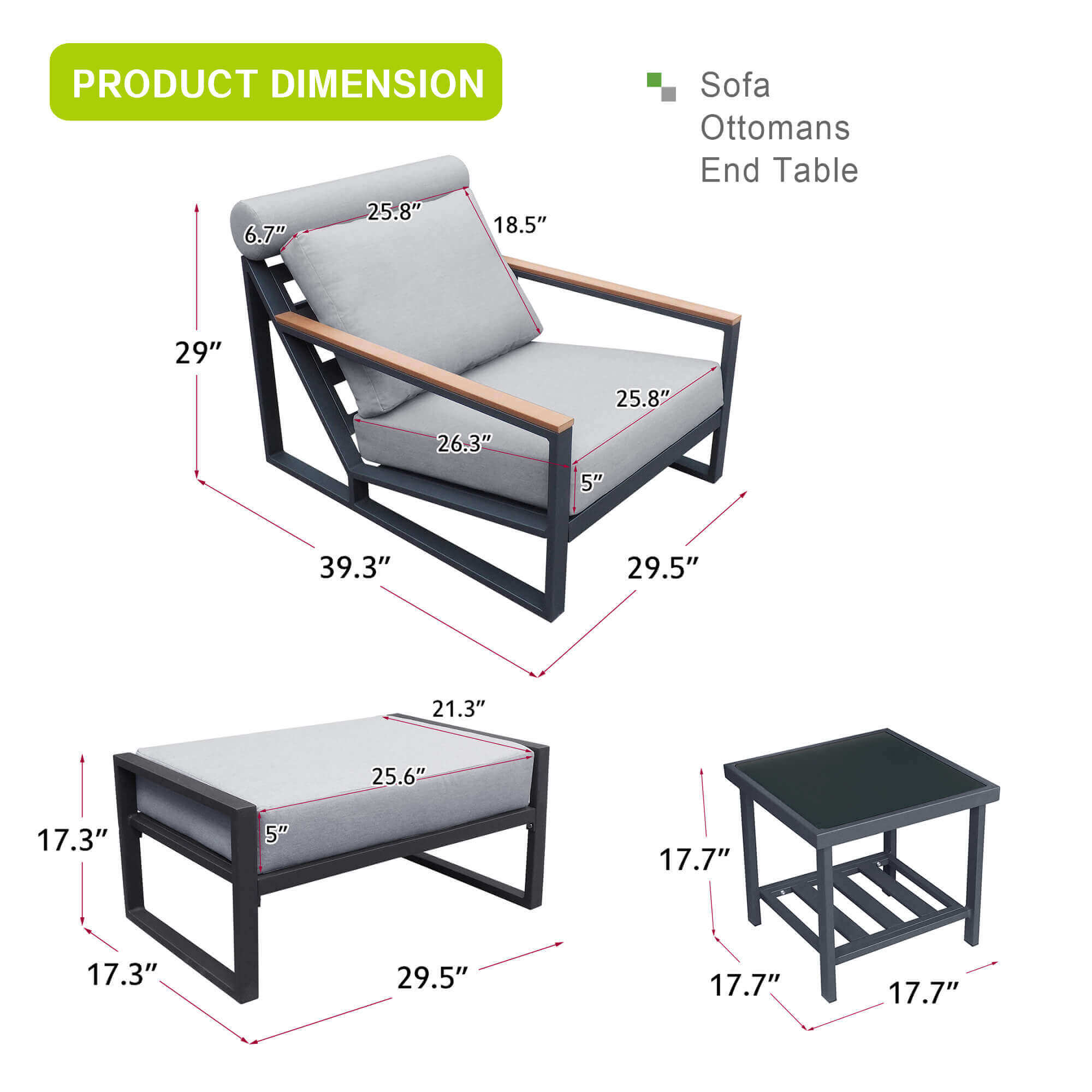 Arttoreal 3Pieces Aluminum Patio Furniture Set, Outdoor Patio Lounge Chair with Ottomans, Coffee Table