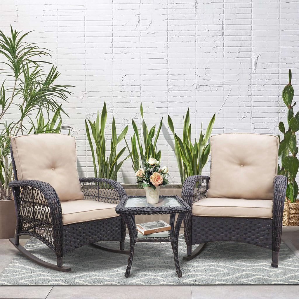 3 Pieces Outdoor Wicker Rocking Chair Set/Patio Conversation Set with 2 Rattan Rocker Chairs and Glass Coffee Table