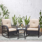 3 Pieces Outdoor Wicker Rocking Chair Set/Patio Conversation Set with 2 Rattan Rocker Chairs and Glass Coffee Table