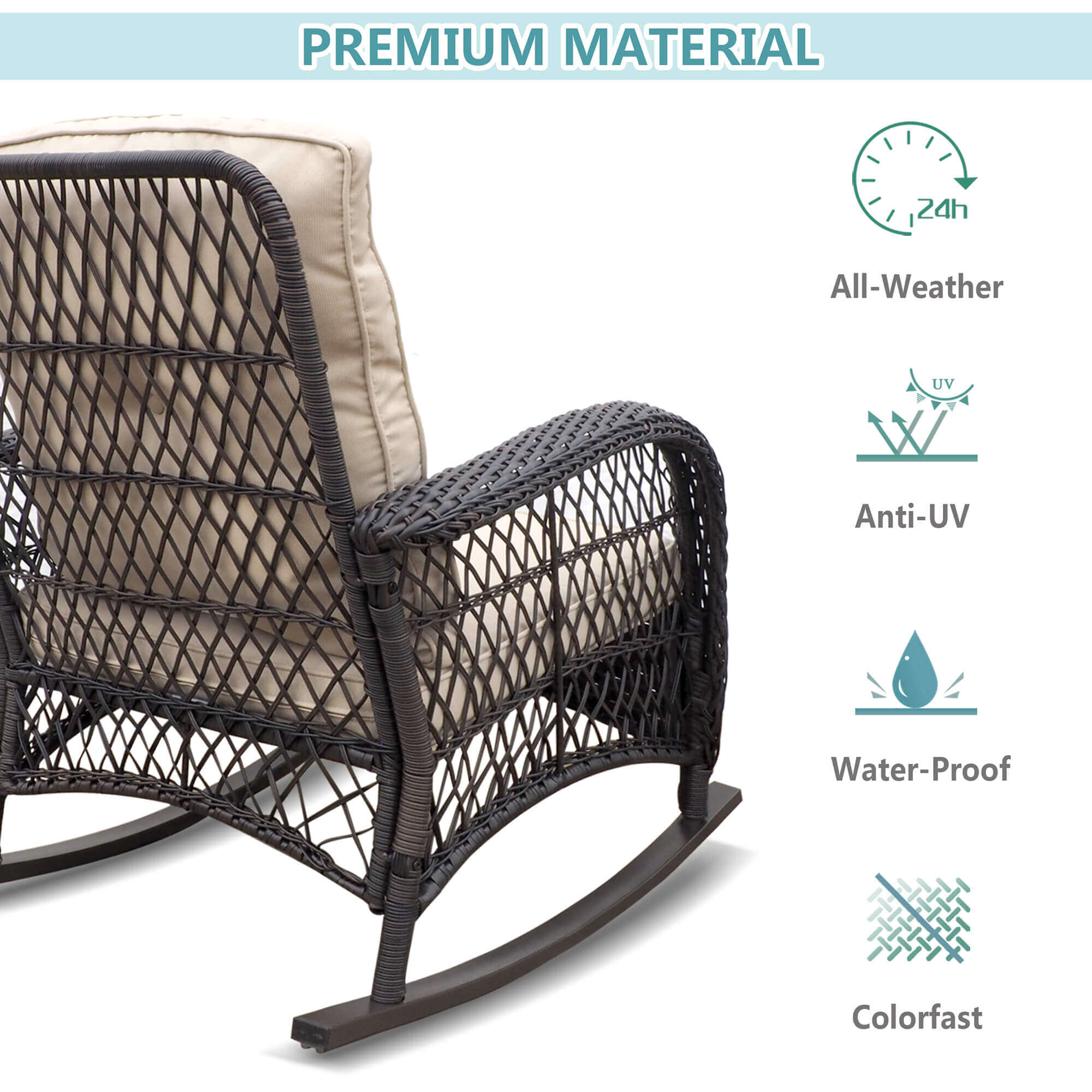 3 Pieces Outdoor Wicker Rocking Chair Set/Patio Conversation Set with 2 Rattan Rocker Chairs and Glass Coffee Table