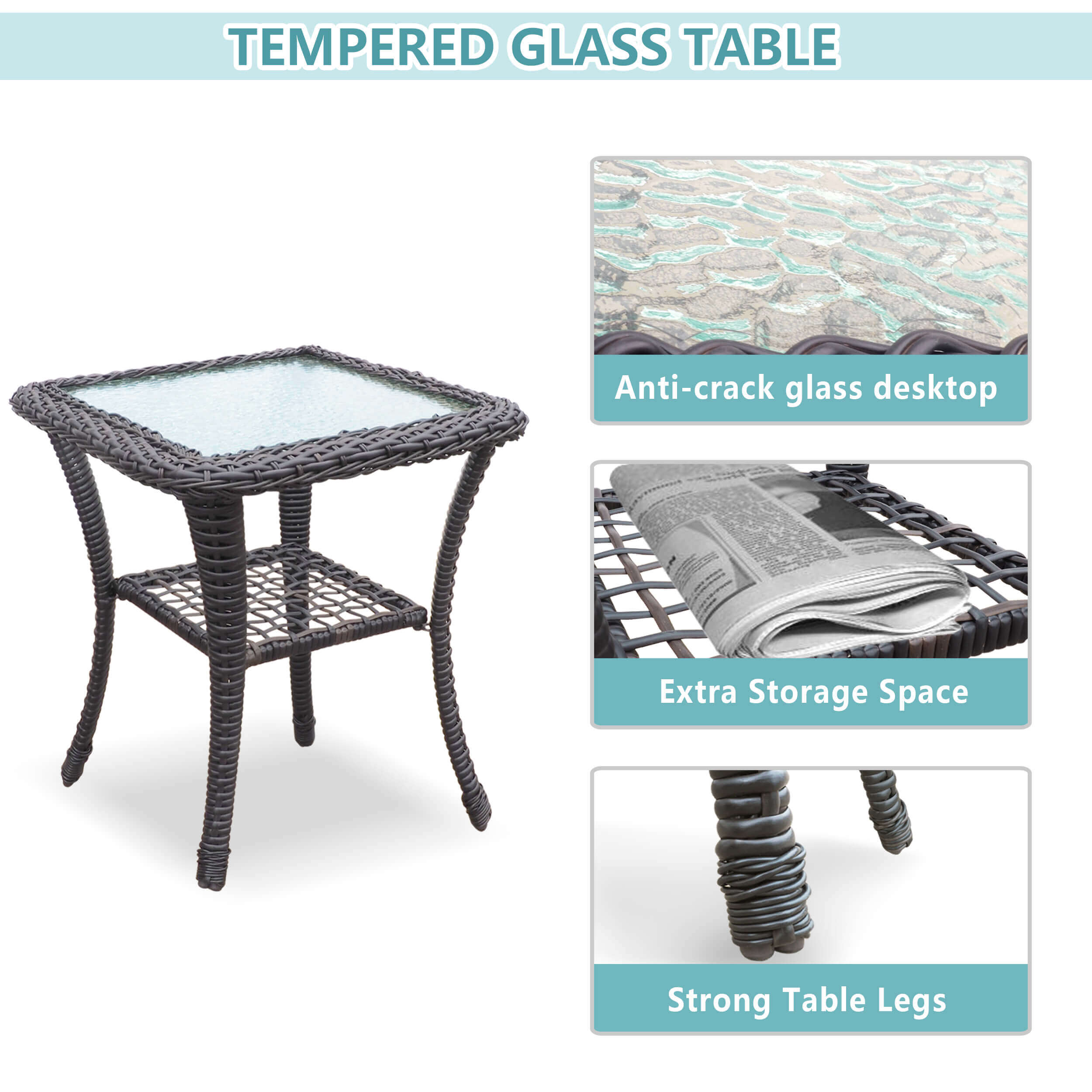 3 Pieces Outdoor Wicker Rocking Chair Set/Patio Conversation Set with 2 Rattan Rocker Chairs and Glass Coffee Table