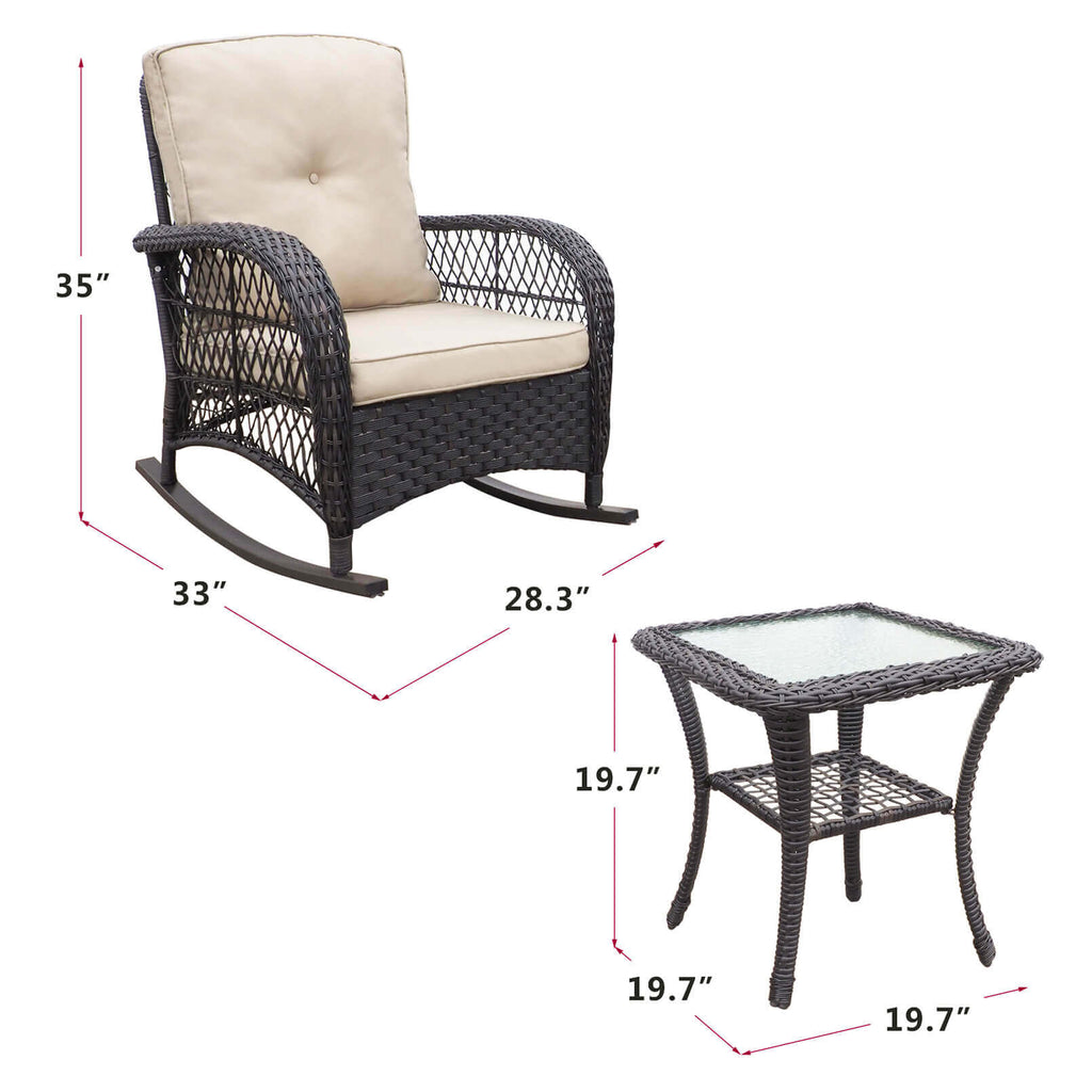 3 Pieces Outdoor Wicker Rocking Chair Set/Patio Conversation Set with 2 Rattan Rocker Chairs and Glass Coffee Table