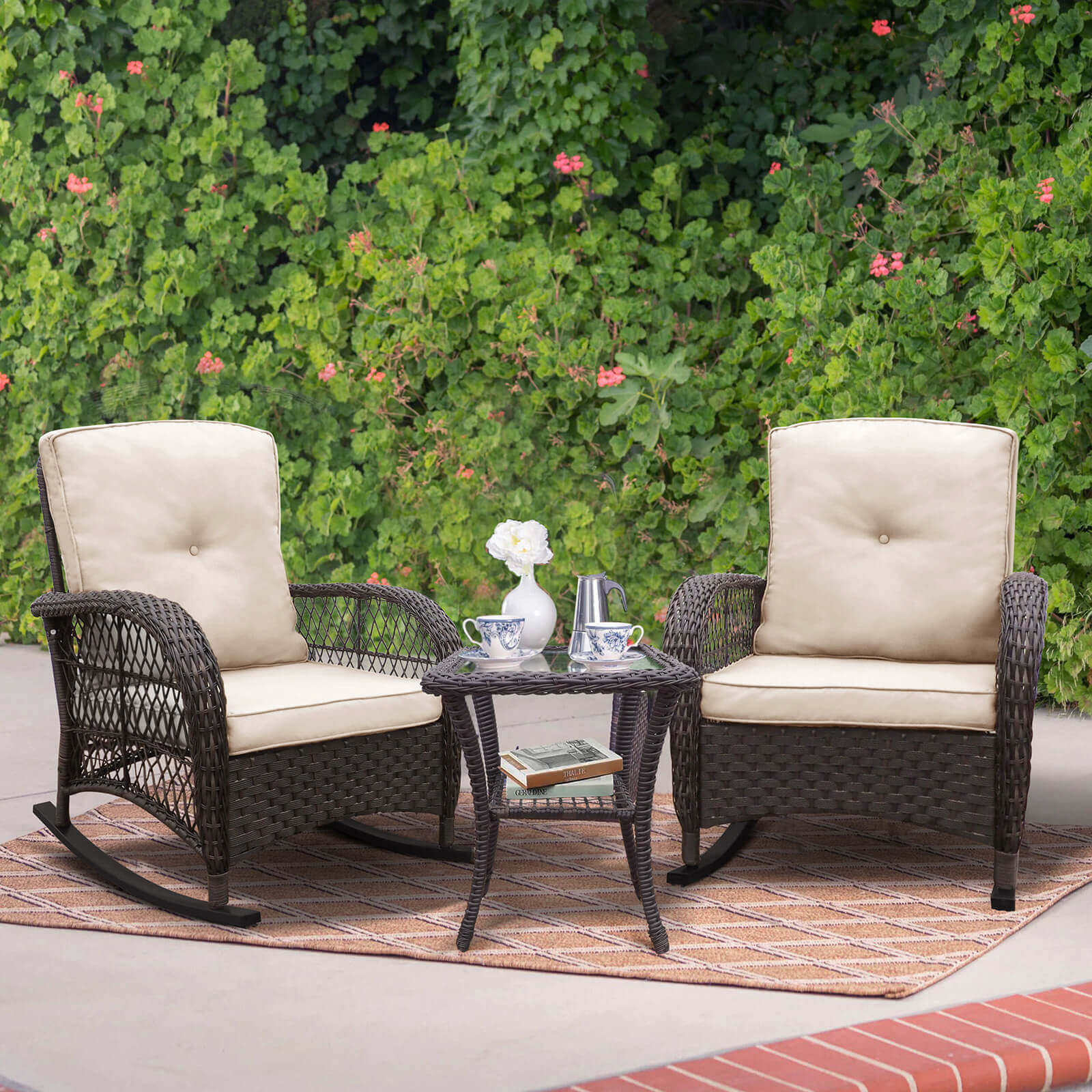 Outdoor Wicker Rocking Chair Set Patio Set with Rattan Rocker