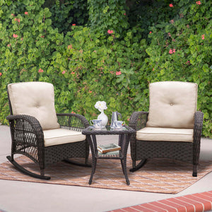 3 Pieces Outdoor Wicker Rocking Chair Set/Patio Conversation Set with 2 Rattan Rocker Chairs and Glass Coffee Table