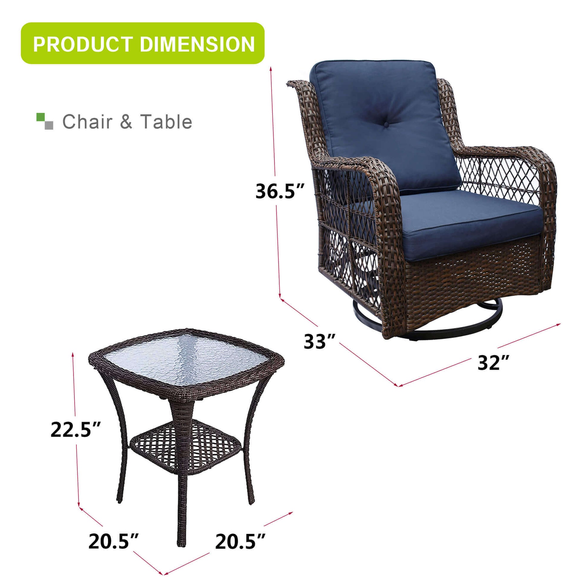 Outdoor Resin Wicker Swivel Rocker Patio Chair / 360-Degree Swivel Rocking Chairs and Tempered Glass Top Side Coffee Table (3 pcs)